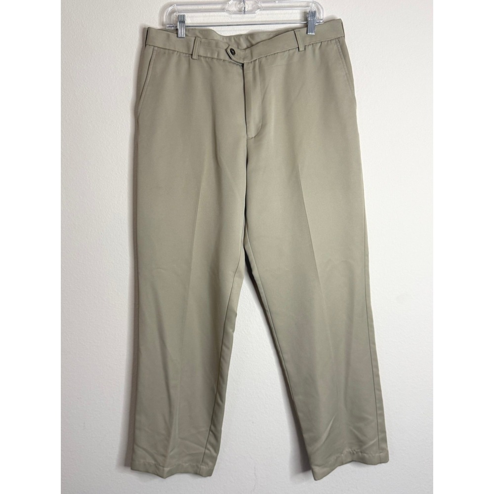 IZOD Golf Pants Mens 36x32 Tan Khaki Flat Front Performance Chino Trousers
